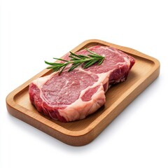 Fototapeta premium Lamb steak on a wooden tray, isolated on a white background, providing a rustic and inviting aesthetic.