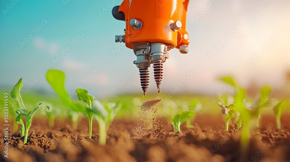Poster detailed close up shot of the metal components of a precision seeder machine as it accurately places