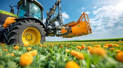 Detailed close up shot of the hydraulic lift arms on a tractor showcasing the powerful mechanism that raises and lowers various farm equipment and implements for agricultural tasks