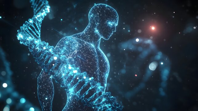 The Human Code: A mesmerizing digital rendering of a human figure intertwined with a glowing strand of DNA.