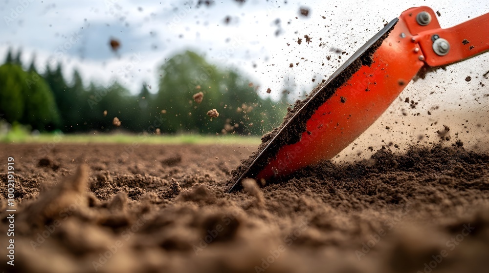 Poster detailed close up view of a plow blade slicing into fertile soil causing dirt and debris to scatter 