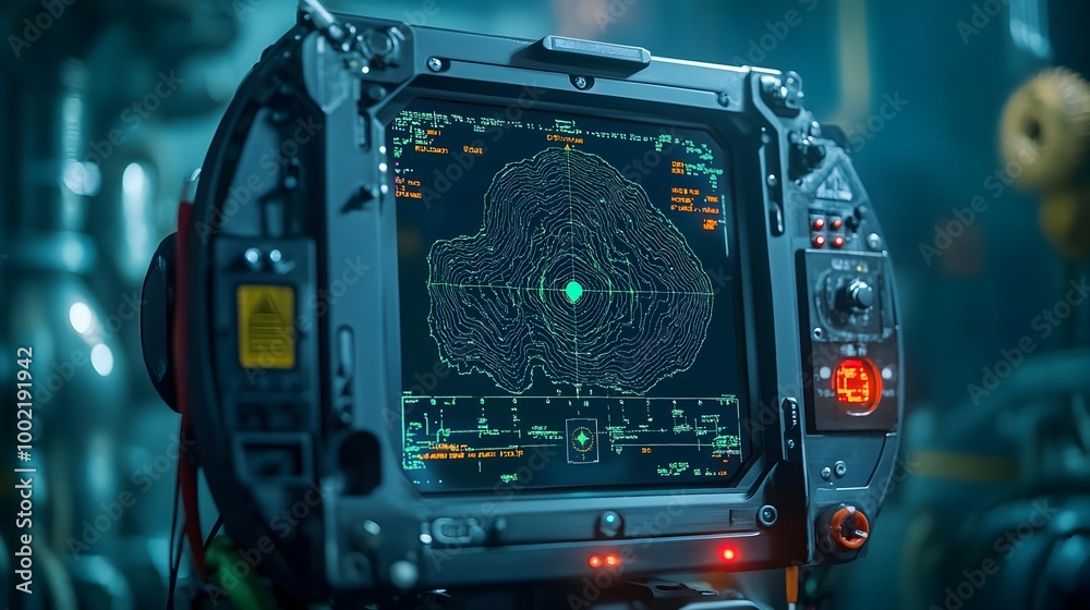 Poster detailed close up view of a sonar radar screen displaying intricate underwater topography and seaflo