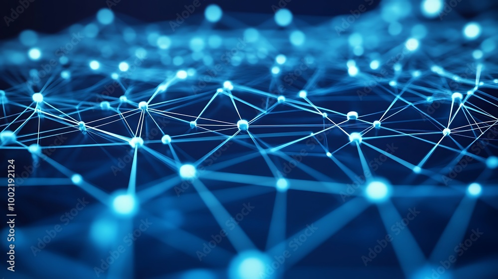 Poster Abstract blue network of connected dots and lines representing data flow and connectivity.