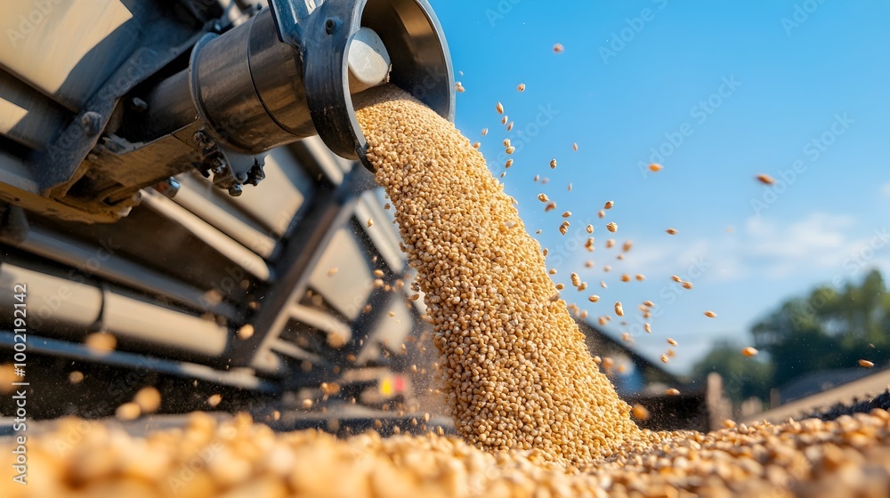 Poster Detailed close up view of the auger mechanism on a grain cart unloading a steady stream of harvested grain