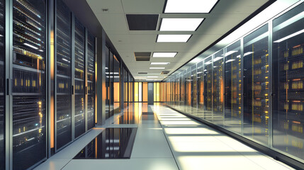 Step into a bustling data center filled with advanced servers, where technology hums and glowing lights create an atmosphere of productivity and innovation