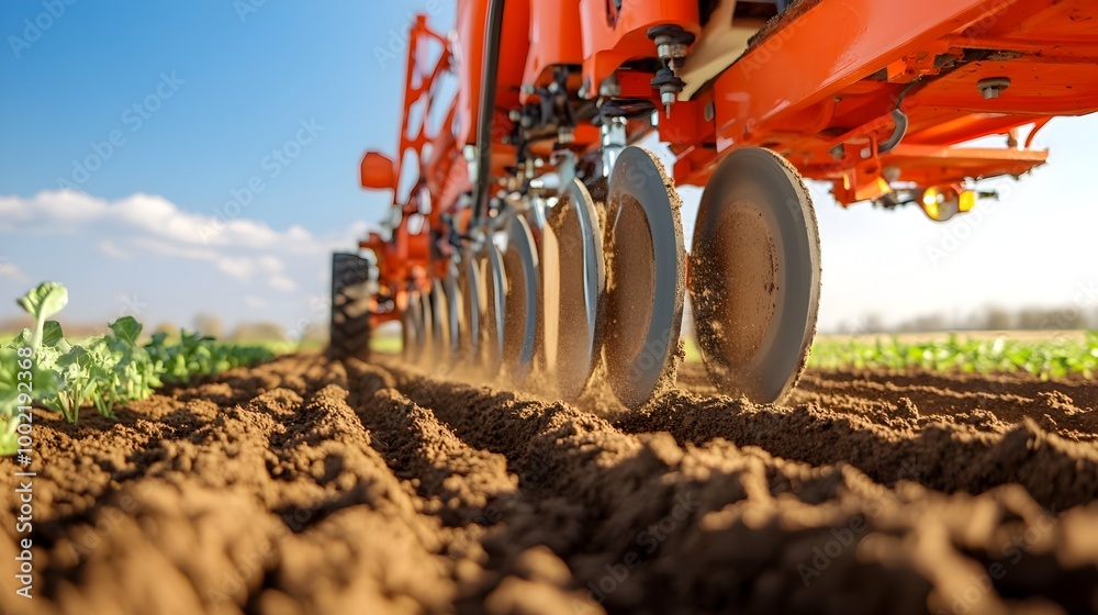 Poster detailed close up view of the discs of a no till drill machine carving narrow slots or furrows in th