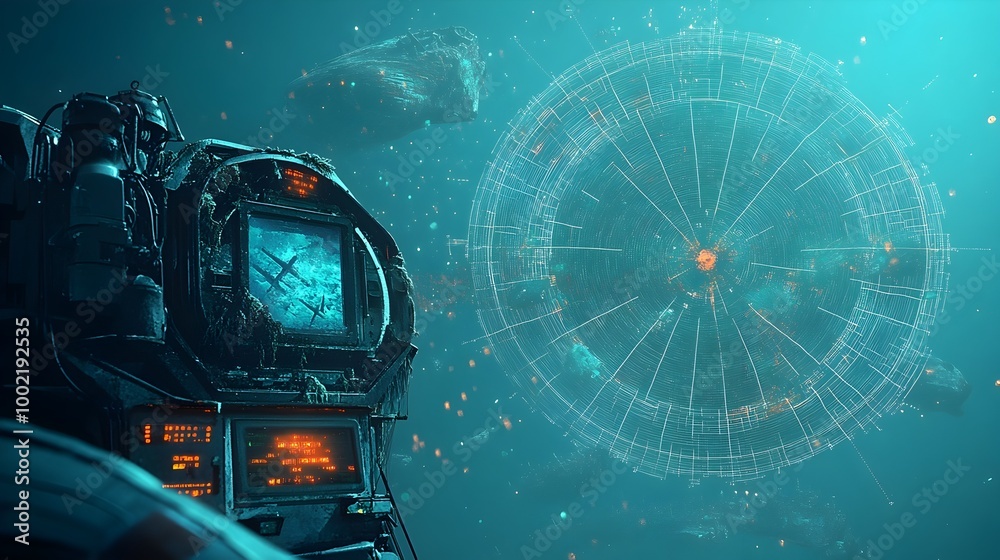 Poster detailed maritime radar screen displaying critical information about shipwrecks underwater obstructi