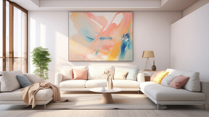 Modern Living Room Interior Design with White Sofa Abstract Painting and Wooden Floor