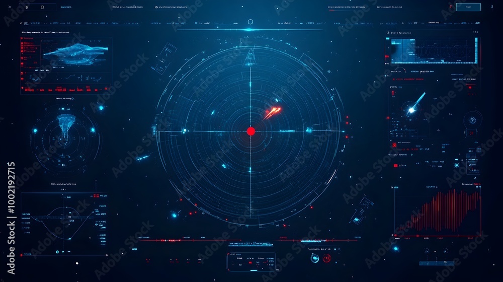 Fototapete detailed radar screen displaying real time tracking of missile trajectories and movements on a futur
