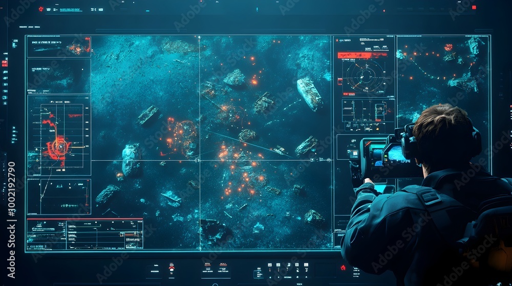 Poster detailed radar screen interface displaying underwater hazards shipwrecks and other critical informat