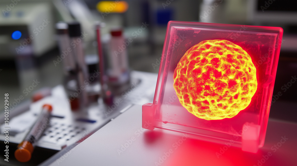 Wall mural glowing red warning sign with cancer cell illustration on white surface, surrounded by medical equip