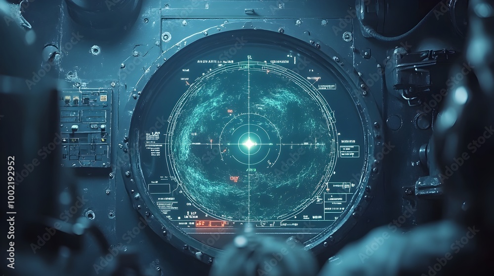 Poster Detailed shot of a submarine radar screen displaying comprehensive underwater activity and depth measurements capturing the advanced technology used for maritime navigation and