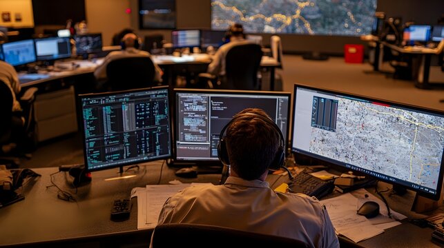 Detailed shot of an emergency command center coordinating efforts to manage a large scale wildfire  The image shows the interior of the command center with various equipment screens