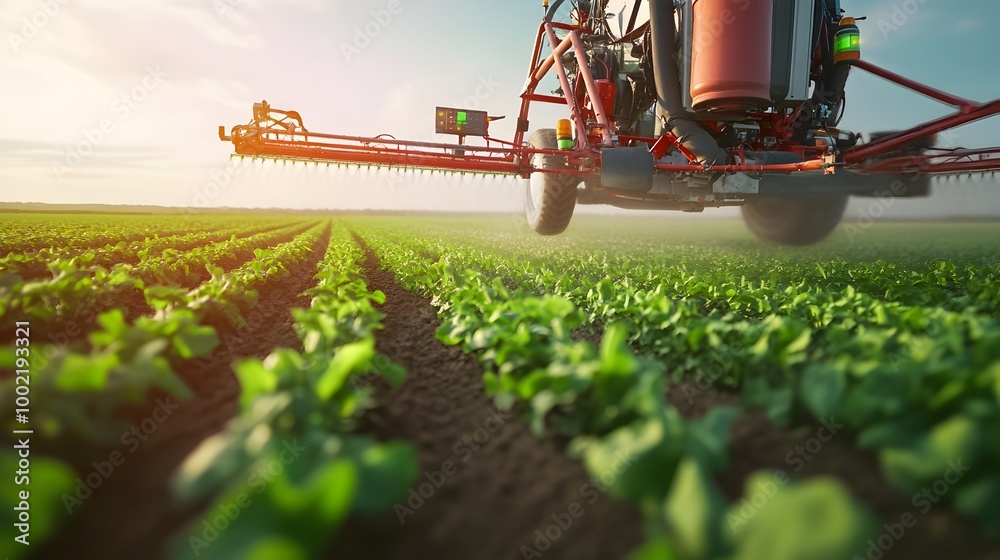 Aufkleber detailed view of a gps guided spraying system with an articulated arm distributing fertilizers or ot