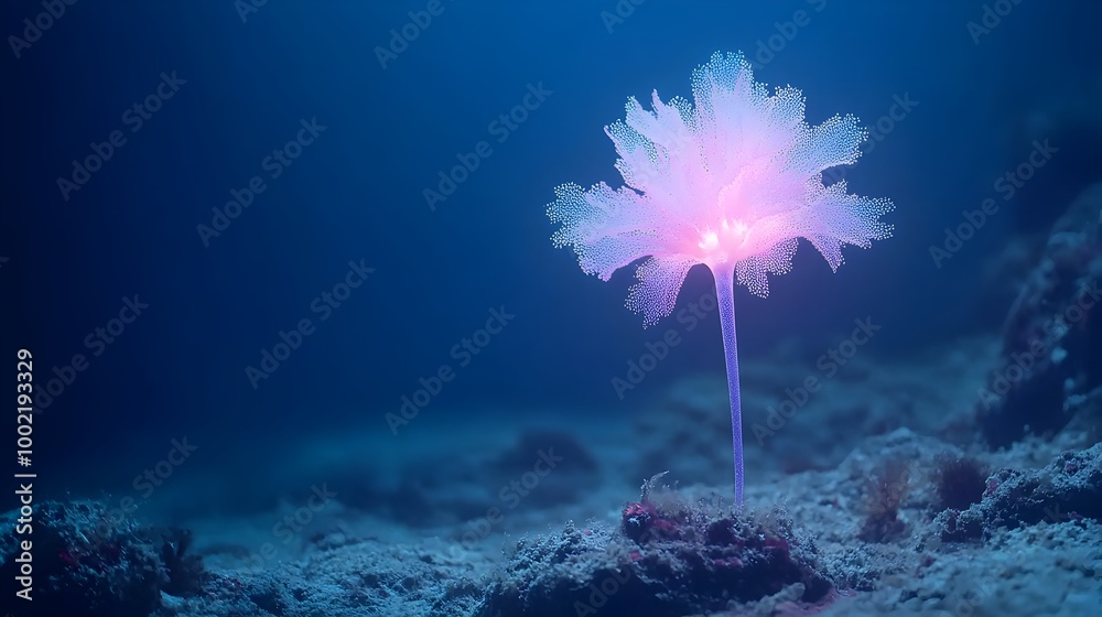 Poster detailed view of a glowing sea pen anchored to the deep ocean floor waving its bioluminescent fronds