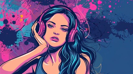 Stylish pretty woman wearing headphones listening to music in happy relaxed state.