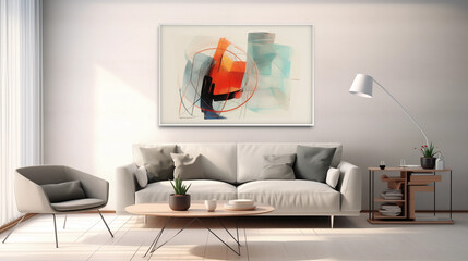 Fototapeta premium Abstract Painting in White Frame Above White Sofa in Modern Living Room