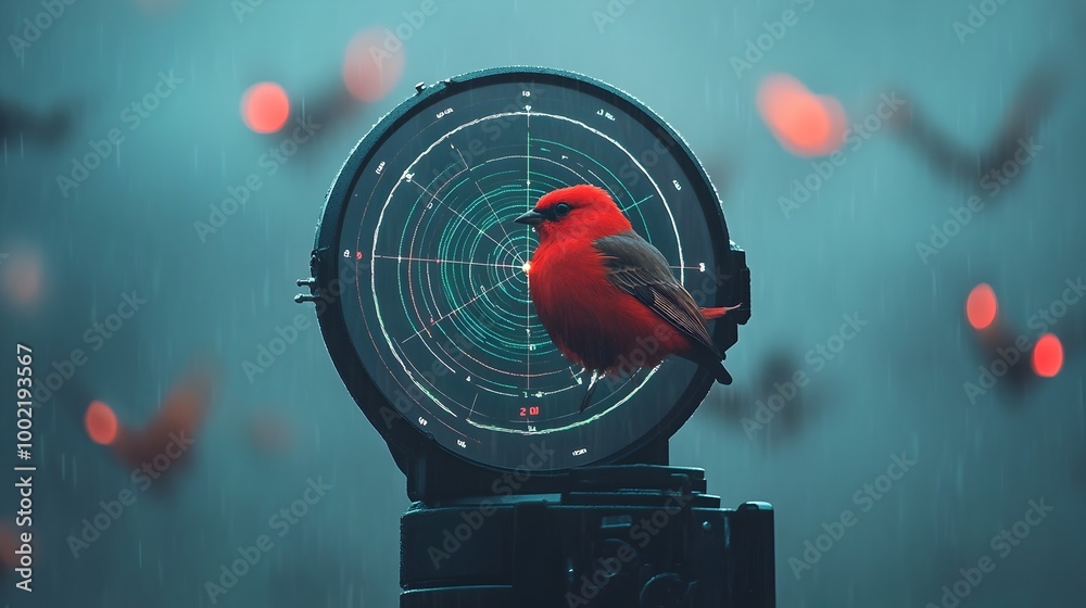 Poster Detailed view of a specialized radar screen monitoring and tracking the real time flight patterns and of various bird species across the sky