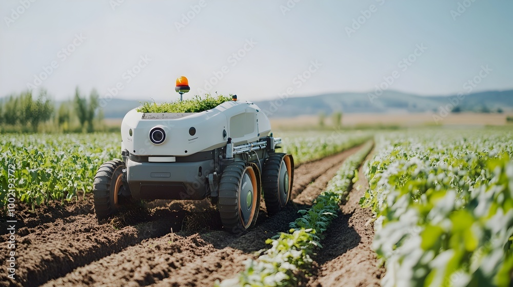 Poster Detailed view of an advanced autonomous weeding machine navigating precisely through a row of crops