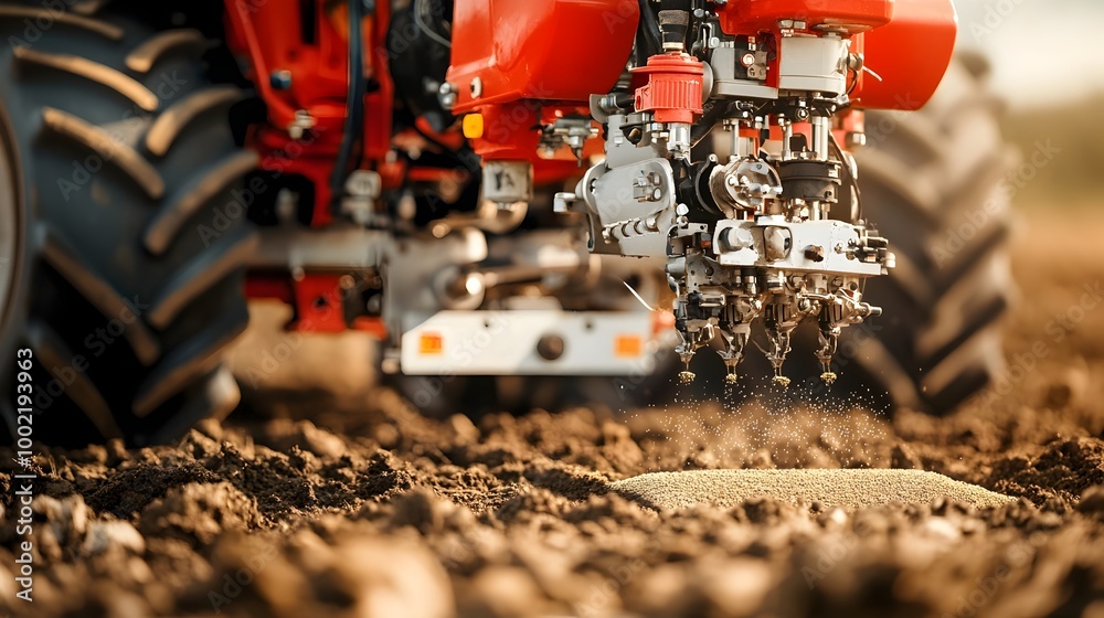 Poster Detailed view of the intricate mechanical components of a seed drill precisely placing seeds into the soil
