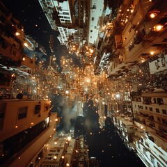 Low-angle view of an enchanting cityscape, surreal lighting transforms urban streets into a fantasy realm
