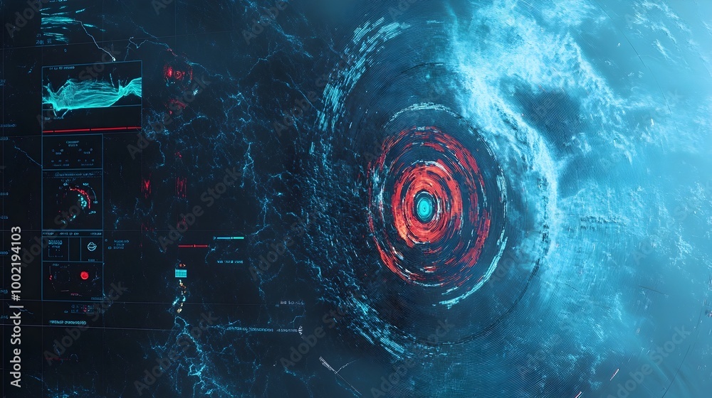Poster Detailed Weather Radar Display Showing Vibrant Storm Patterns with Colorful Data Visualization of Meteorological Conditions and Atmospheric Phenomena