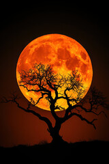 A leafless tree stands against the backdrop of a stunning orange full moon, creating a striking silhouette in the night sky.