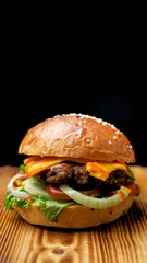 Beef patty burger in a black background macro view high resolution photo