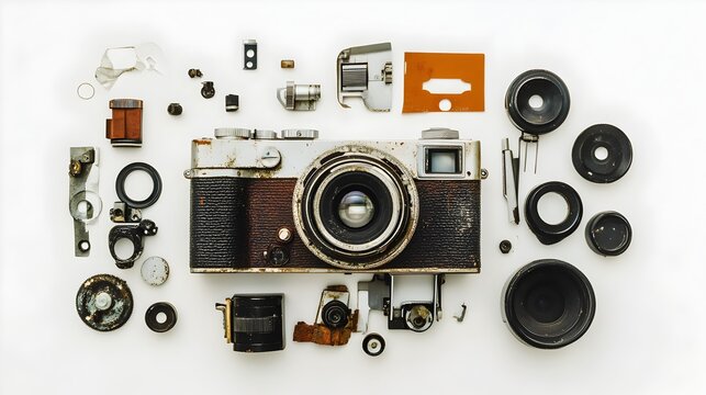 Disassembled vintage with its broken and parts scattered in an isolated white background showcasing the complex inner workings and mechanisms of a classic photographic equipment