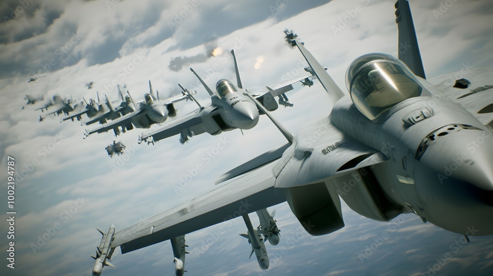 Poster dramatic aerial scene showcasing a squadron of elite fighter jets maneuvering in formation the panni