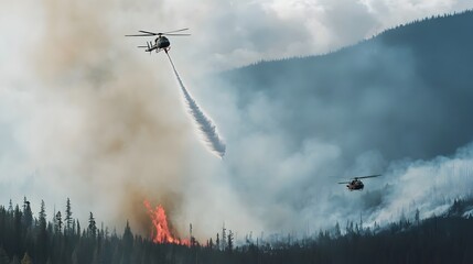 Dramatic aerial shot captures helicopters dropping water to combat a raging wildfire in a remote mountainous forest area