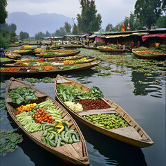 Obraz premium Floating vegetable market boats selling fresh produce on dal lake in srinagar, india