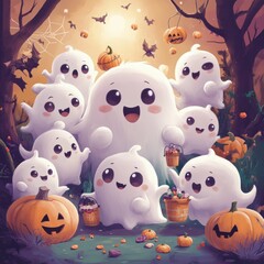 A cheerful scene of cartoon ghosts gathering around pumpkins, celebrating Halloween with joy and fun in a spooky forest setting.
