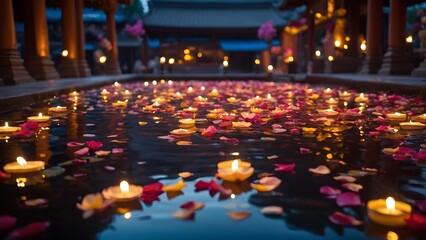 Tranquil Evening by the Pond With Floating Candles and Petals in a Serene Garden Setting