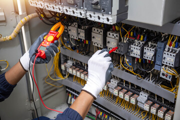 Checking the electrical system, an electrician is using an electric meter to check the electrical system at a control cabinet. for safety