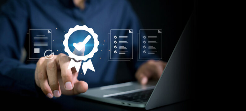 Standards quality assurance control Businessman touch on virtual correct sign with document icon for approve quality assurance industrial, satisfaction customer, guarantee process