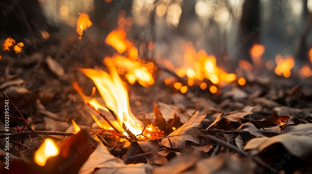 Poster dramatic close up view of an intense wildfire rapidly spreading through dry underbrush igniting dead
