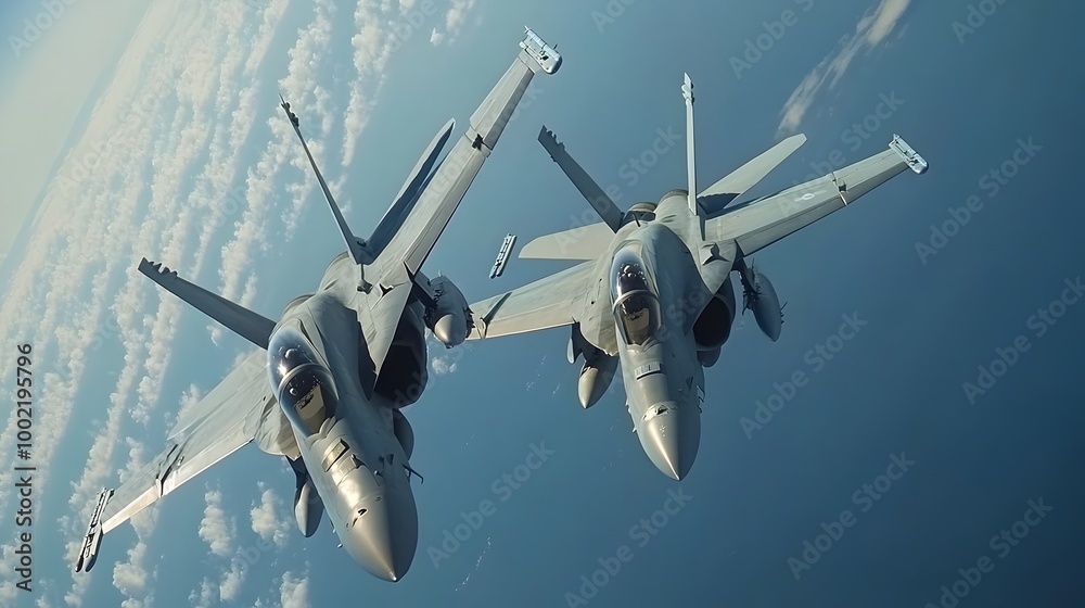 Poster Dramatic Encounter of Fighter Jets in Aerial Maneuver as Tilts Upward Capturing the Moment of Near Collision