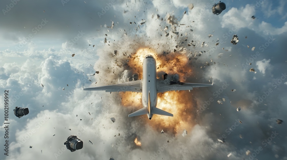 Poster dramatic scene of a jet aircraft bursting violently through a cloud with debris scattering rapidly a