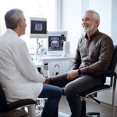 Senior patient smiling during medical consultation with urologist in clinic