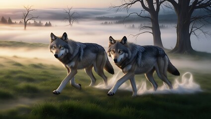 Experience the allure of the wild with this mesmerizing image of a pair of wolves moving gracefully through a misty valley at dawn.