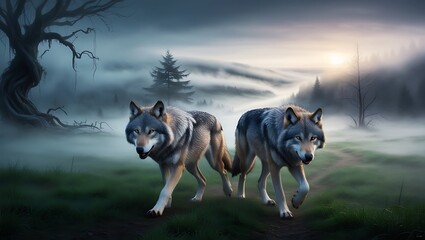 Experience the allure of the wild with this mesmerizing image of a pair of wolves moving gracefully through a misty valley at dawn.