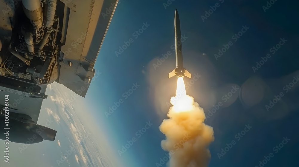 Poster dramatic shot of a missile launching from the undercarriage of a high speed fighter jet with the pan