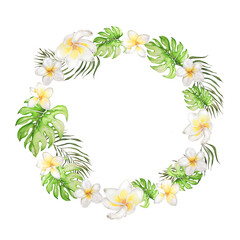 Tropical Flowers and Plumeria Leaves Wreath Frame. Watercolor Botanical Illustration. Design Element for Cards, Invitations, Websites, Blogs, Packaging