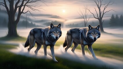 Experience the allure of the wild with this mesmerizing image of a pair of wolves moving gracefully through a misty valley at dawn.
