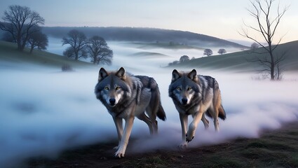 Experience the allure of the wild with this mesmerizing image of a pair of wolves moving gracefully through a misty valley at dawn.