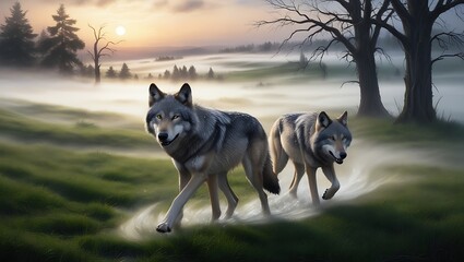 Experience the allure of the wild with this mesmerizing image of a pair of wolves moving gracefully through a misty valley at dawn.