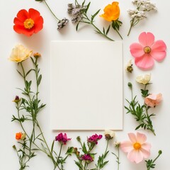Blank card with flowers. Abstract organic flowers isolated on white background.