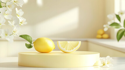 A bright and refreshing composition featuring a lemon and its slice, surrounded by soft floral elements in a sunny kitchen.