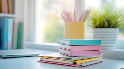 A bright desk scene featuring stacked notebooks, colorful pencils, and a potted plant, ideal for education and productivity themes.